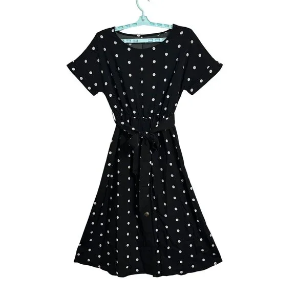 Black Polka Dot Button-Skirt Belted Midi Dress Business Career Academia SZ M - Picture 2 of 4